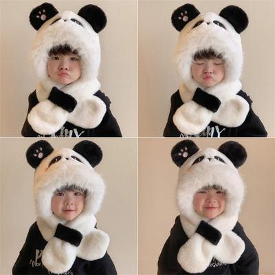 Panda Children's Hat Scarf All-in-one Winter Cute Super Cute Plush Panda Scarf Baby Earmuffs Hat