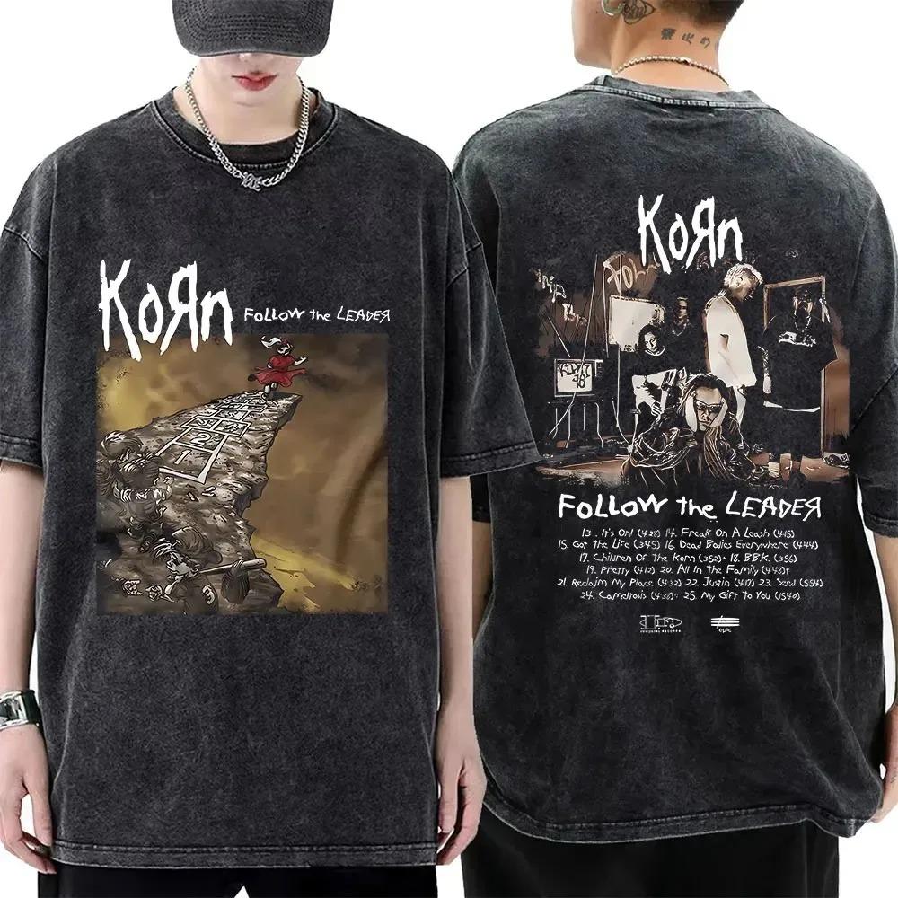 Korn Nu Metal "Follow the Leader" 1998 Album Hopscotch Graphic Oversized Streetwear Vintage Washed T-Shirt Top for Nu Metal & Rock Fans