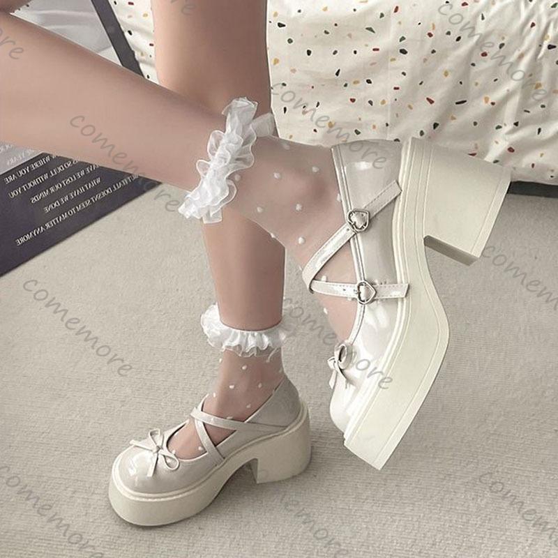 Fashion Comemore Women's Chunky Heel Mary Janes Shoes Spring Round Toe Pumps Platform Shoes for Women Dress Students Lolita Heeled Shoes