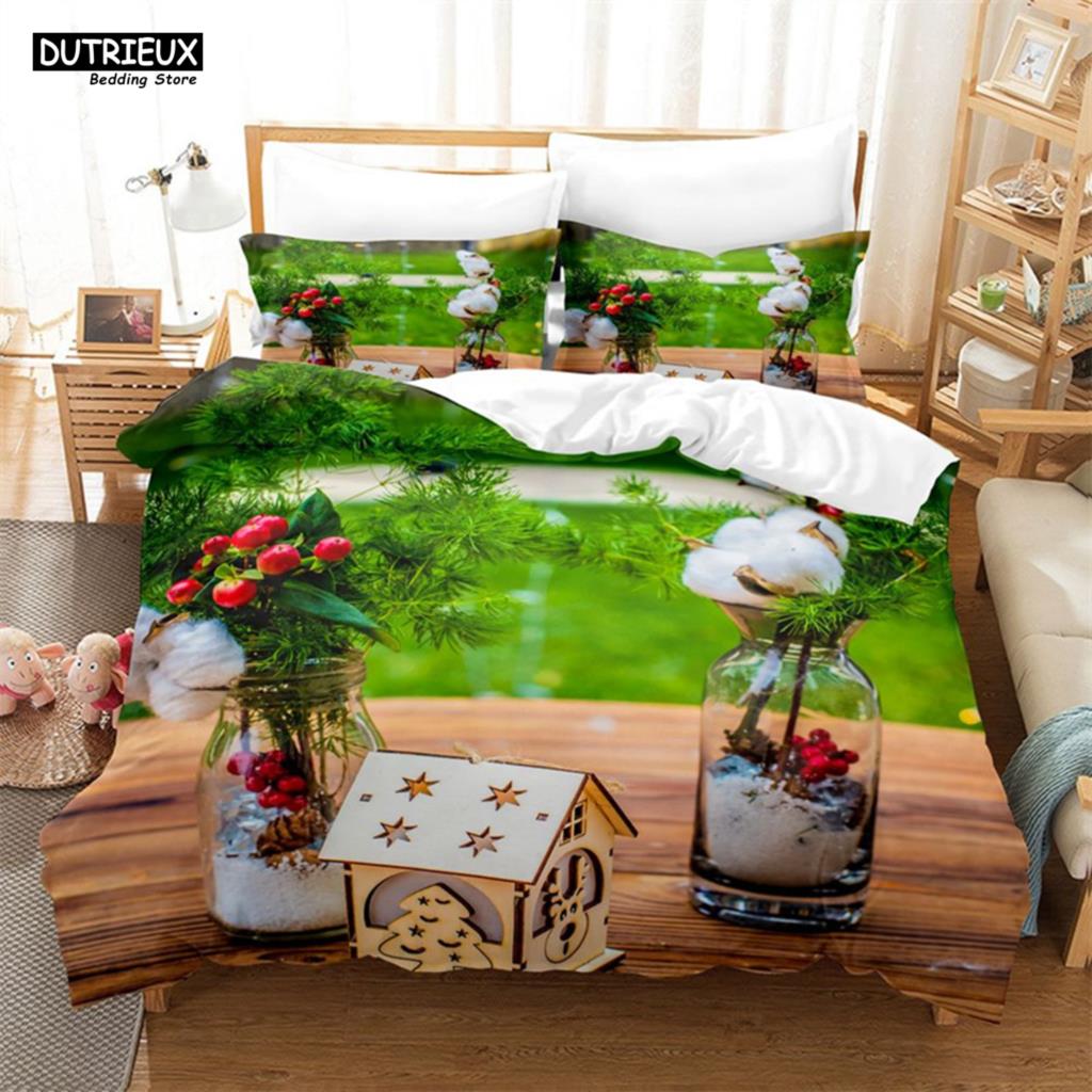 Christmas Santa Duvet Cover Set Winter Theme Cartoon Bedding Set Microfiber Santa Claus Elk Carriage Comforter Cover Girl Boy