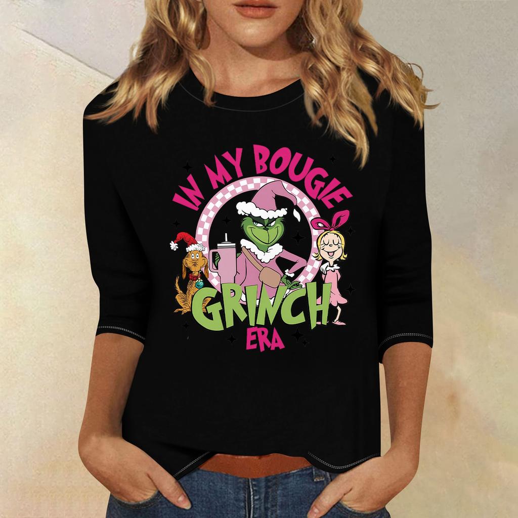 3/4 Sleeve Tops For Women T-Shirt Casual Christmas Print Tops T Shirt Round Neck Pullover Blouse