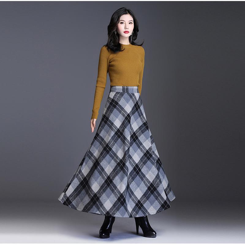 Jupe à carreaux grande taille 3XL pour femmes, épaisse, chaude, élégante, taille haute, longue, décontractée, en laine, pour l'hiver