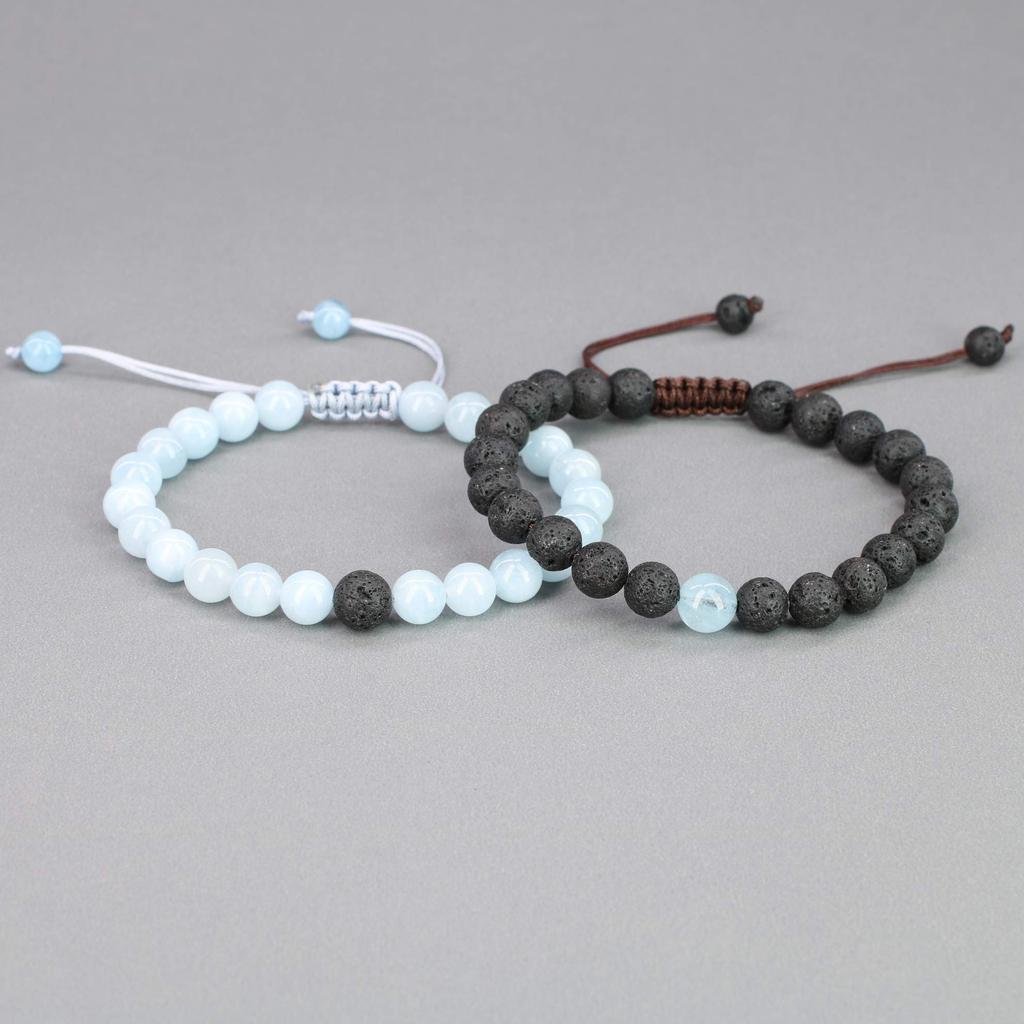 Aquamarine Lava Stone Purification Protection Good Luck Power Stone Bracelet Women Couple Size Set of 2 Adjustable Length [Coai] (March Birthstone)