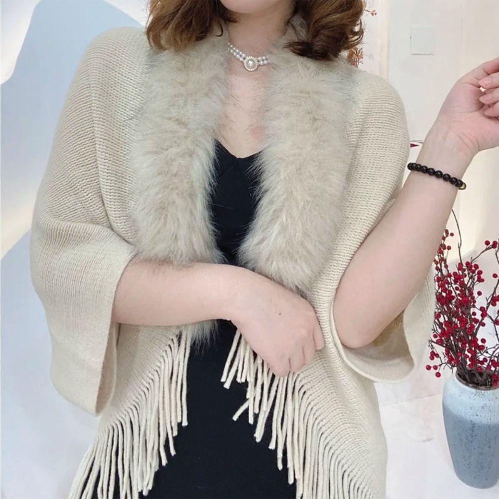 Winter Warm Faux Fur Collar Knitted Tassel Plush Wraps Scarf Womens Knitting Shawl