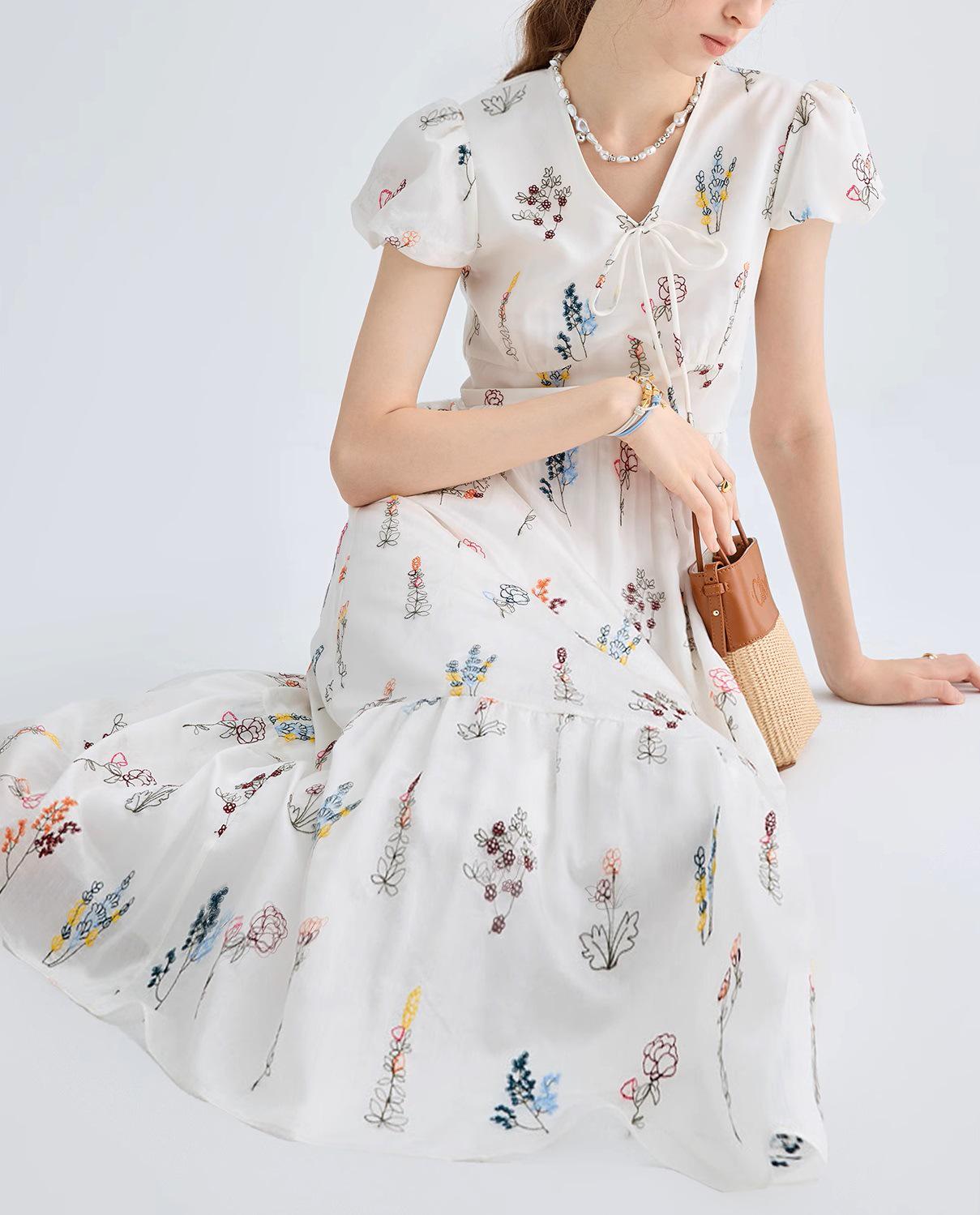 

Летнее платье 2024 года с французским цветочным принтом, пышными рукавами и приталенным силуэтом Extra Large