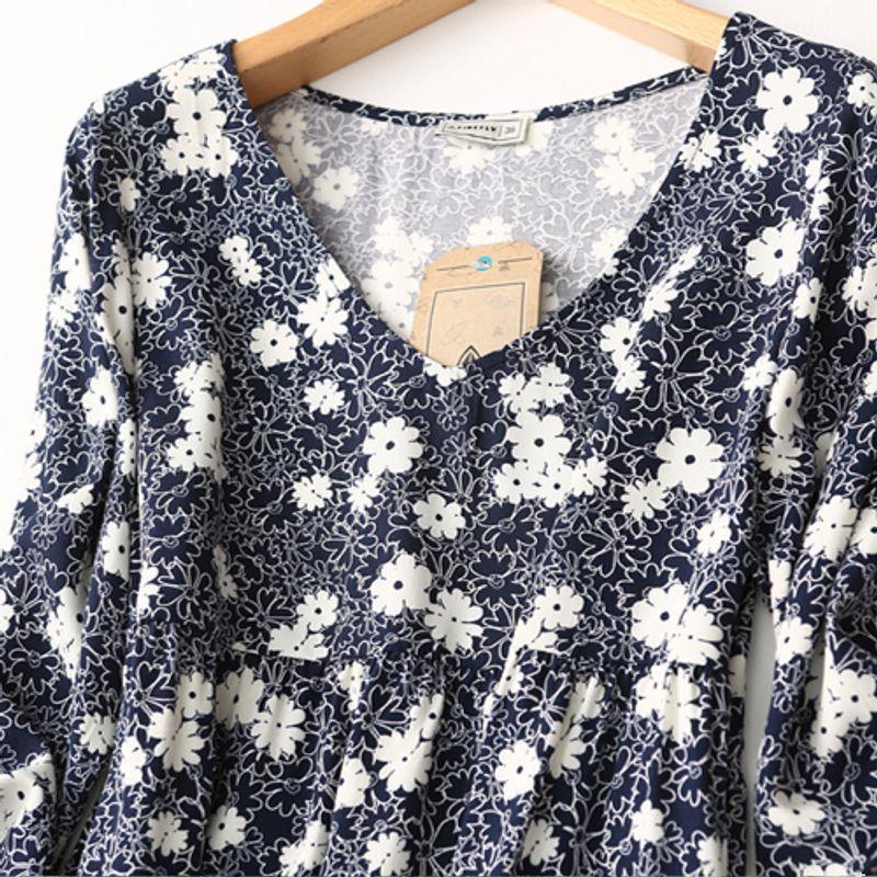 Export Export Chinese Style Blue and White Porcelain Printed V Neck Noil Poplin Dress Women's Summer Thin Long Sleeves Rayon Tourism