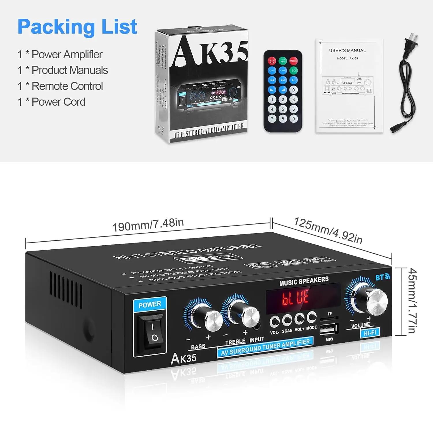 

AK35 800W Home Power Amplifier 2 Channel Bluetooth 5.0 Surround Sound FM USB Remote Control Mini HIFI Digital Stereo Amplifier EU Plug