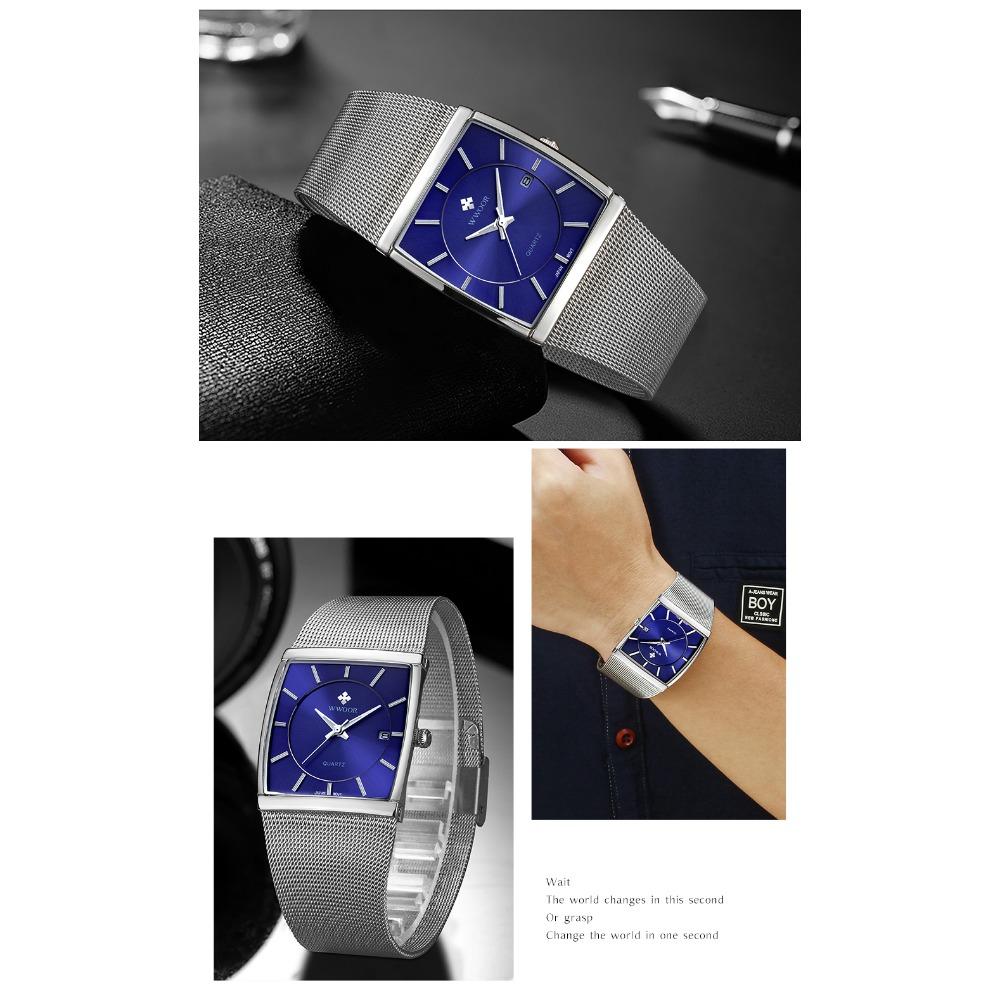 WWOOR Luxury Gold Watch Men Square Quartz Slim Steel Mesh Waterproof Sports Automatic Date Wrist Watches Relogio Masculino