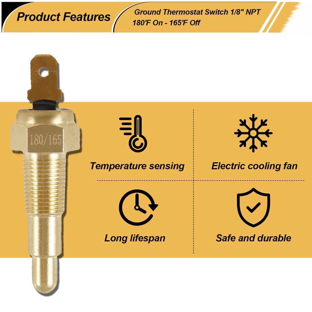 Universal Engine Cooling Fan Thermostat Switch 1/8" NPT 180 Fahrenheit On 165 Fahrenheit Off Water Temperature Sensor