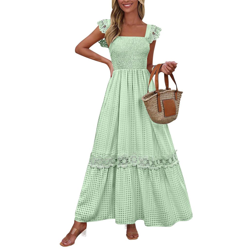 Women's Fashionable Color Square Neck Sleeveless Lace Patchwork Vacation Long Skirt Dress