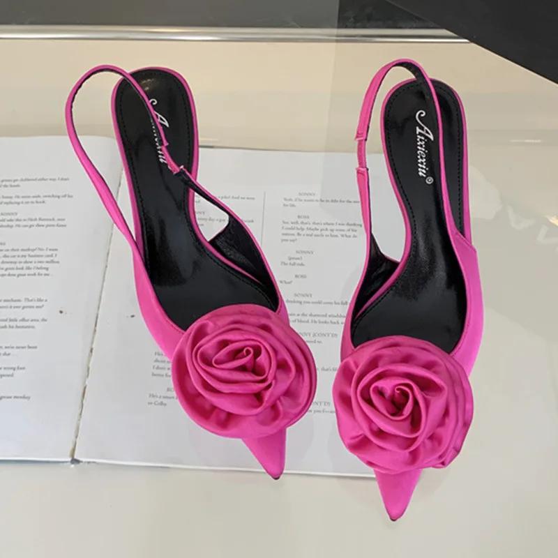 Fashion Sexy Silk Slingback Pointed Toe Women Pumps Fashion Design Flowers Thin Heels Banquet Prom Shoes