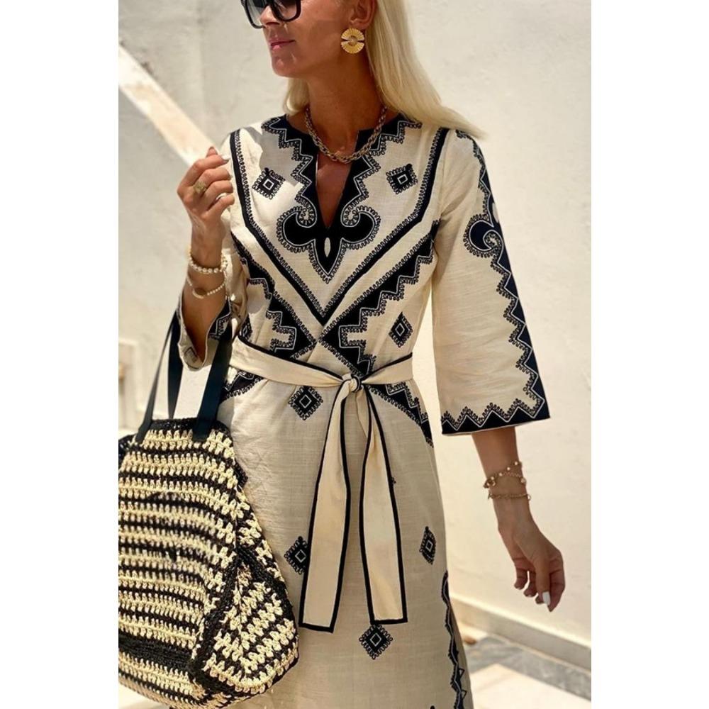 IHUASU Autumn Winter Printed Belt Hemp Bohemian Dress for Women