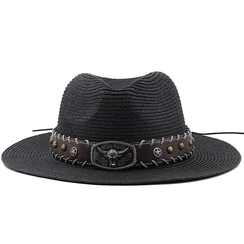 European and American retro literary hats cow head decoration western denim straw hat casual jazz hat men's and women's curved hats