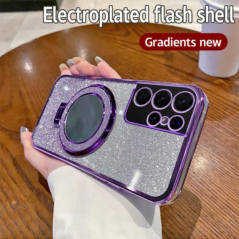 S21 Bling Magnetic Phone Case For Samsung Galaxy S21 Plus S21 Ultra Glitter Mirror Stand Silicone Protector Soft Cover S21 FE