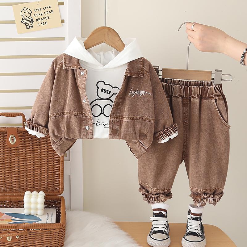 Boys' Long Sleeved 3-piece Set, 0-5-year-old Boys' Fashion Suit, Children's Denim Jacket+white T-shirt+denim Pants