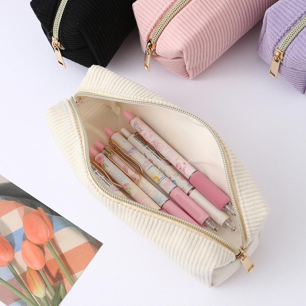 1 PC Solid Color Striped Corduroy Pencil Case Portable Large Capacity Desktop Stationery Storage Student Back-to-School Gift