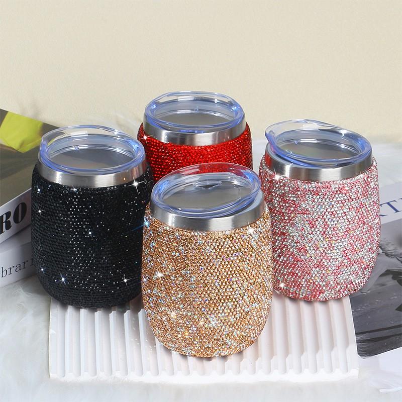 360ml Double Wall Vacuum Insulated Stainless Steel Tumbler With Rhinestone Decor Large Belly Shape Travel Cup Wine Coffee Tea