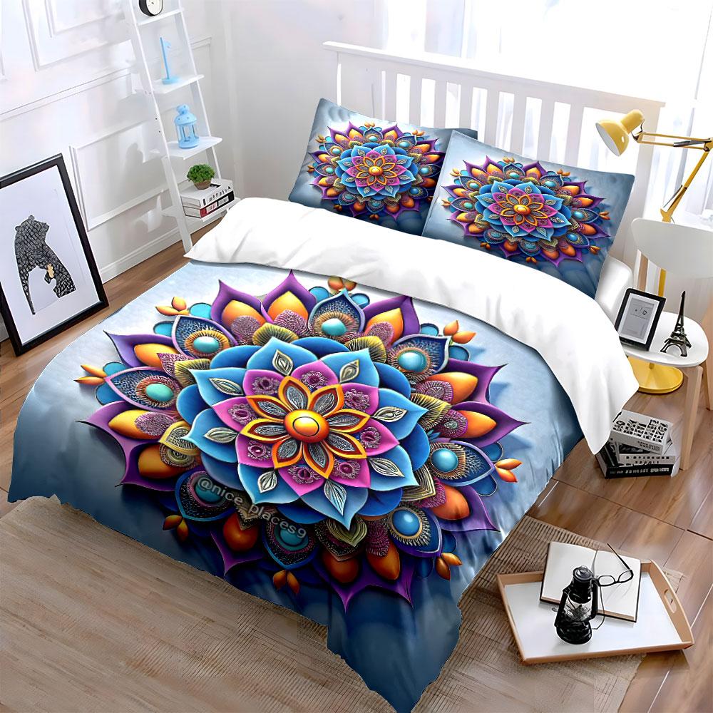 3Pcs Papercut Mandala Bedding Set, Vibrant 3D Layered Lotus Pattern Print Duvet Cover, Modern Art Style