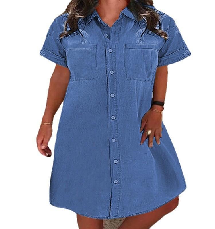 Women's Turn Down Collar Short Sleeve Midi Denim Dress Loose Fit Single Breasted Chest Pocket Solid Jean Shirt Dress Vintage Summer Casual Tunic Dress