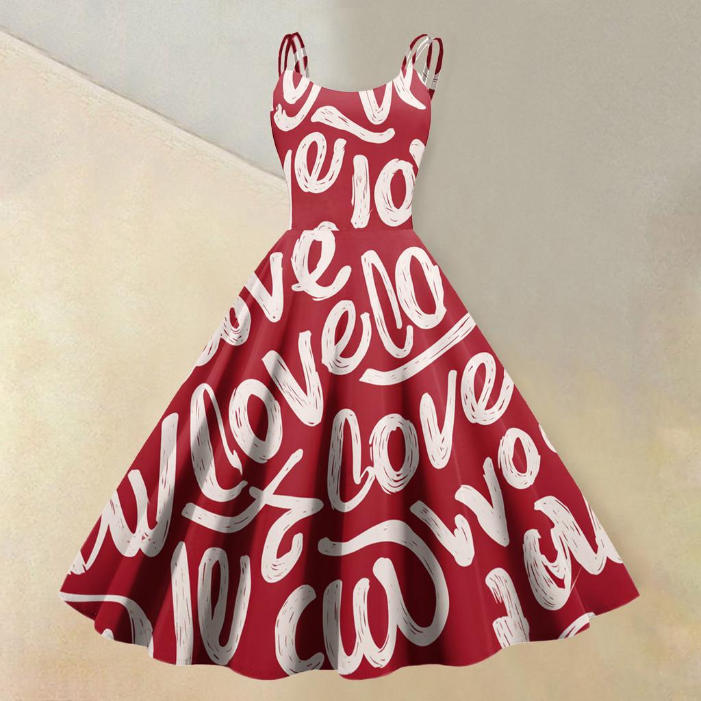 Women's Valentine's Day Love Heart Print Sexy Off Shoulder Vintage Dress