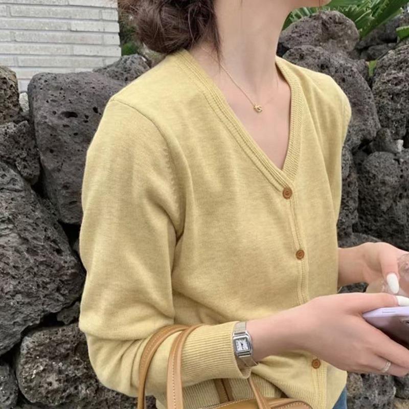 V-neck yellow long-sleeved knitted cardigan top, early autumn new lazy loose thin sweater jacket