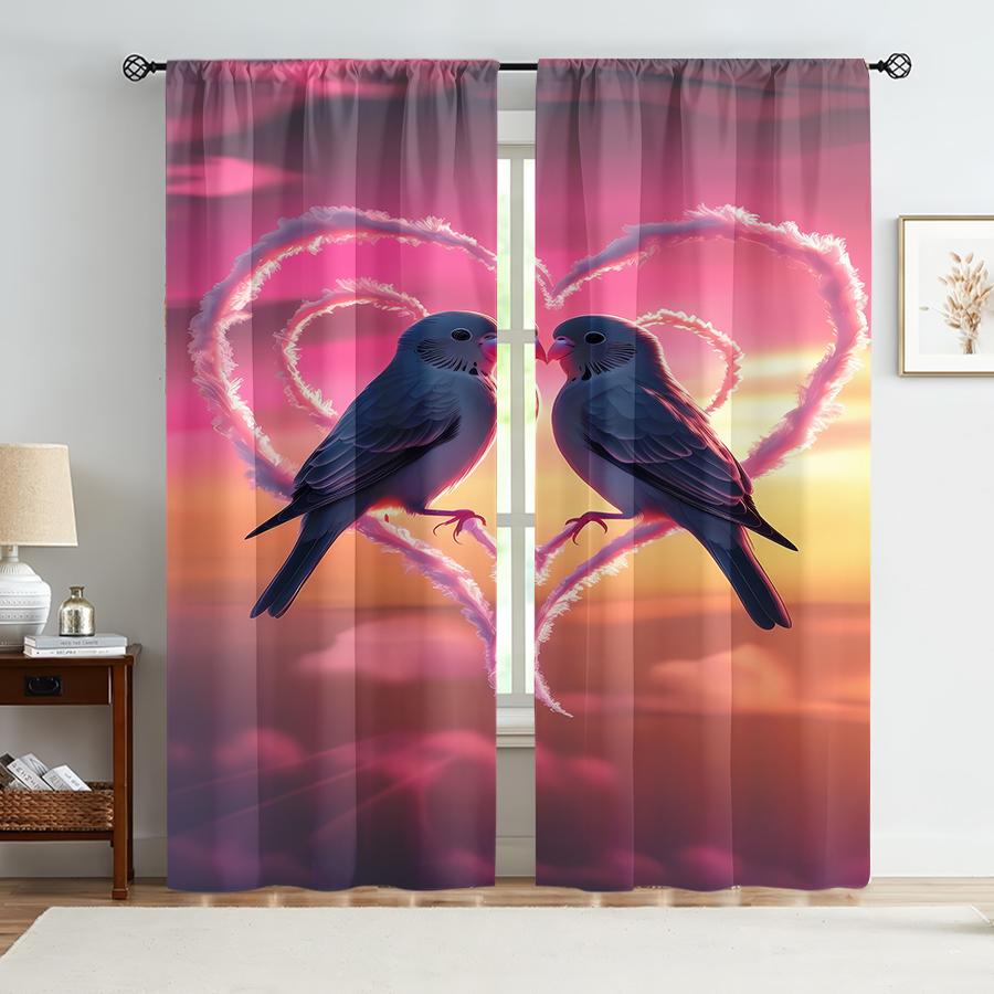 2PCS Pink Sunset Blue Sparrow Love Curtains   Sunset Romantic Valentine's Day Style   Bedroom Living Room   Pull up Pocket Style