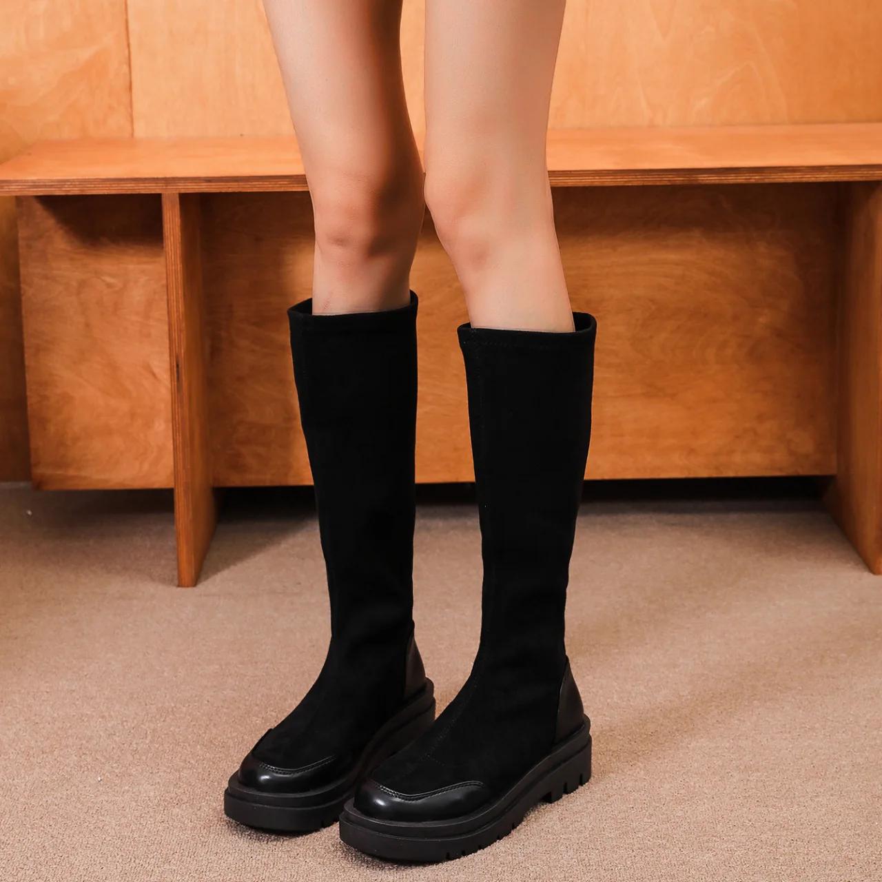 

Винтажные эластичные женские сапоги до колена, модные туфли без застежек, осенне-зимние, на толстом каблуке, женские длинные сапоги Morder, туфли на платформе 41 чёрный