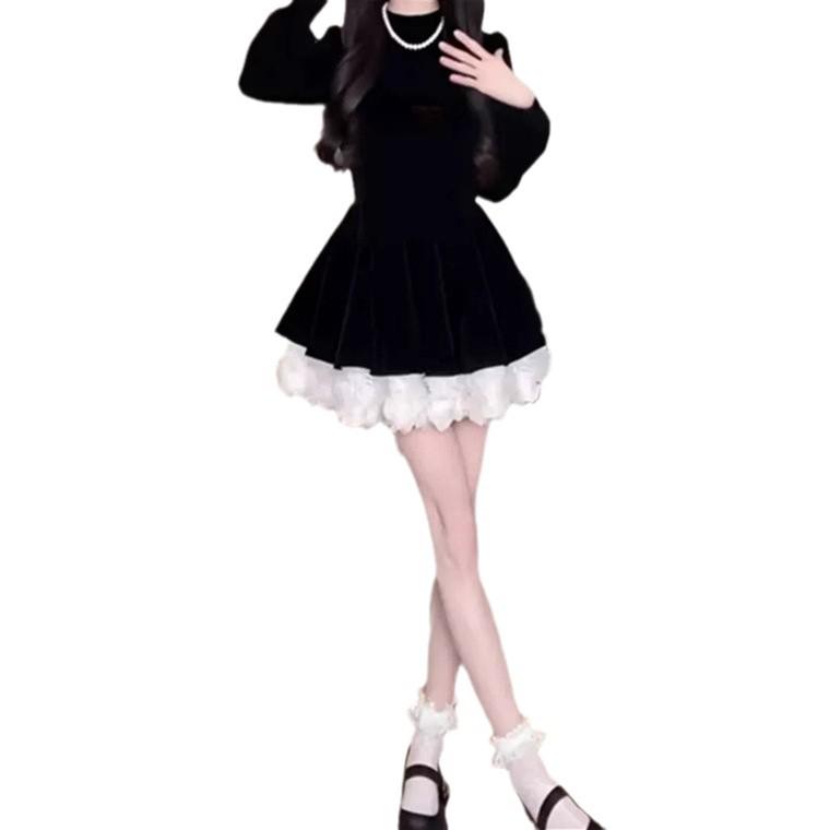 2025 Matsumoto Princess Velvet Waist-Slimming Color-Block Mini Dress