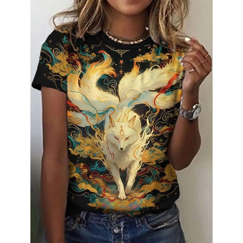Women's Short-sleeved Round-neck T-shirt with Fox Pattern Print