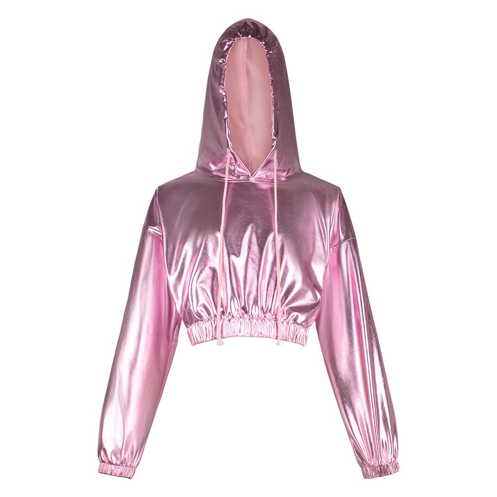 Halloween suit bright leather sexy leaking navel hooded long-sleeved jumper performance suit Symphony laser sweater