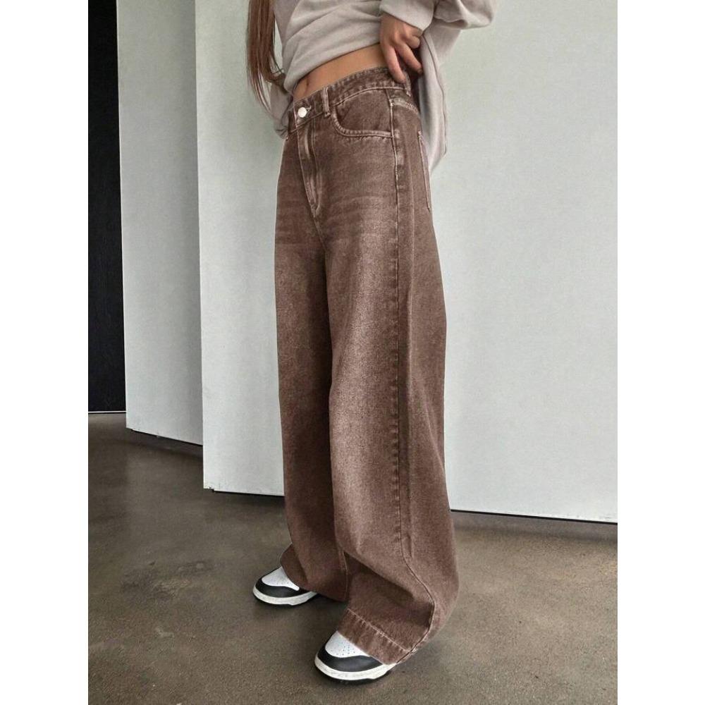 Jeans da Donna Vita Media Gamba Larga Vestibilità Ampia Dritti Vintage Denim Marrone Senza Elasticità Pantaloni Casual Autunnali