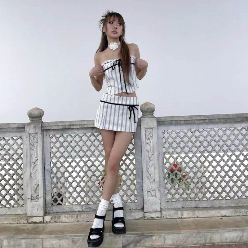 French Style Stripes Tube Top Suit Skirt Elegant Slim Looking Sexy Wind 2023 Summer New Design Sense Two-piece Set