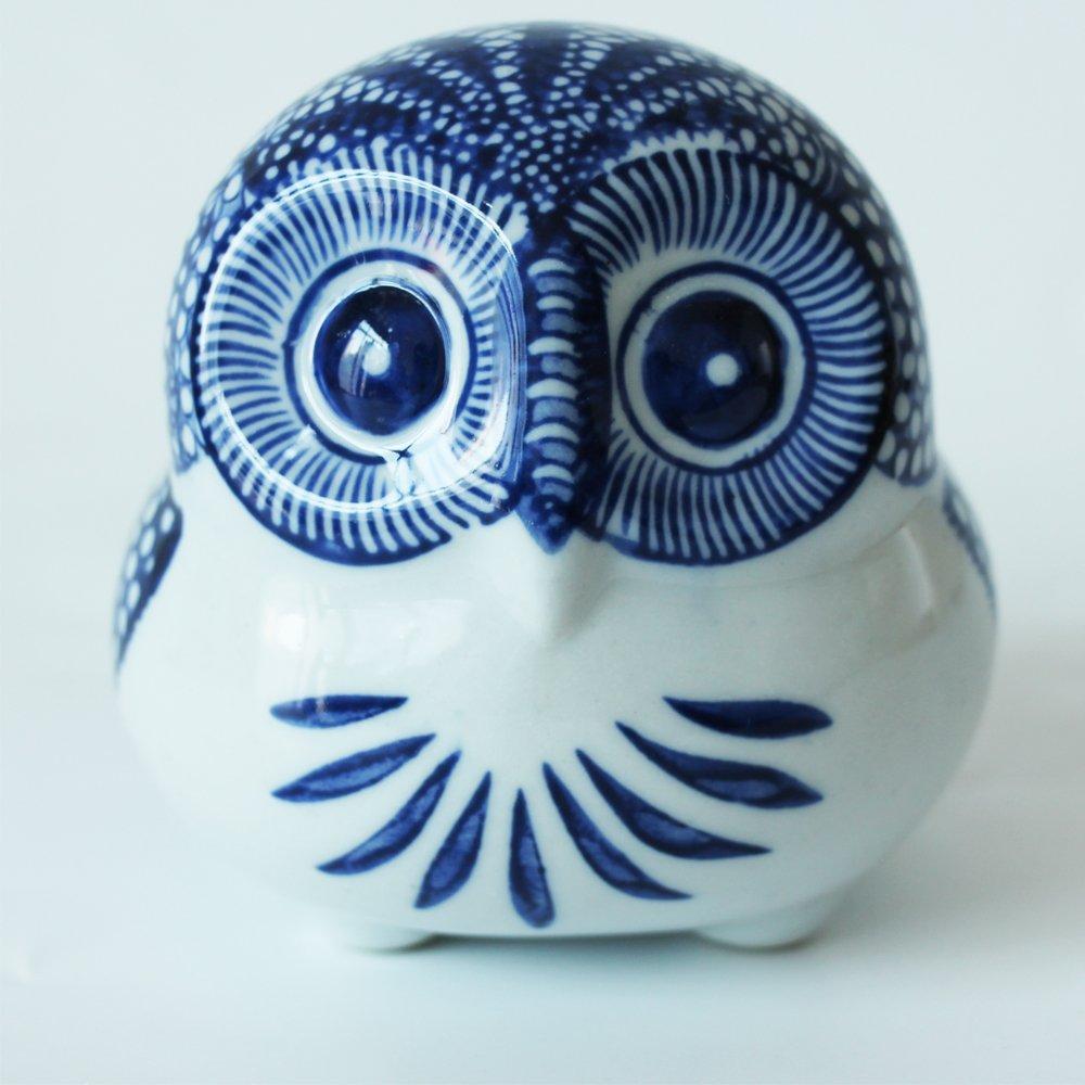 Sonoyama Craftsmanship Lucky Charm, Good Fortune Item, Ceramic, Blue and White Dyed, Mini Size, Sacred Bird, Owl, Fukurō (Owl that Brings Good Fortune