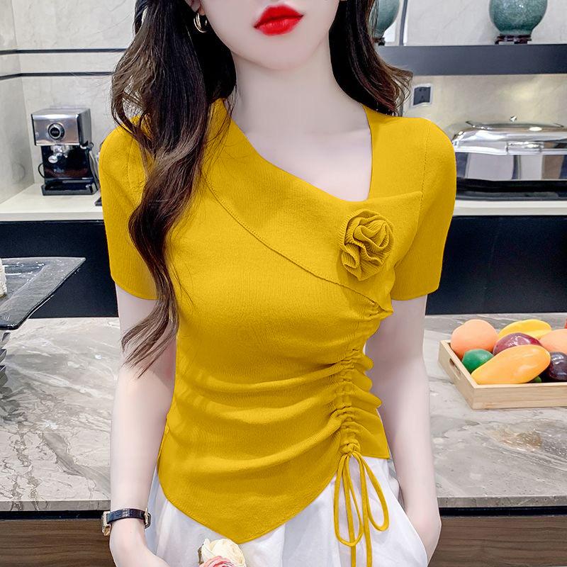 Flower Short-sleeved T-shirt Summer Women's Outfit Irregular Folds Slim-fitting Knitted Top