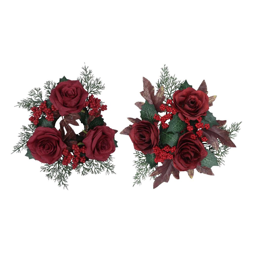 Christmas Candle Ring Wreath Party Artificial Rose Flower Candlestick Holder