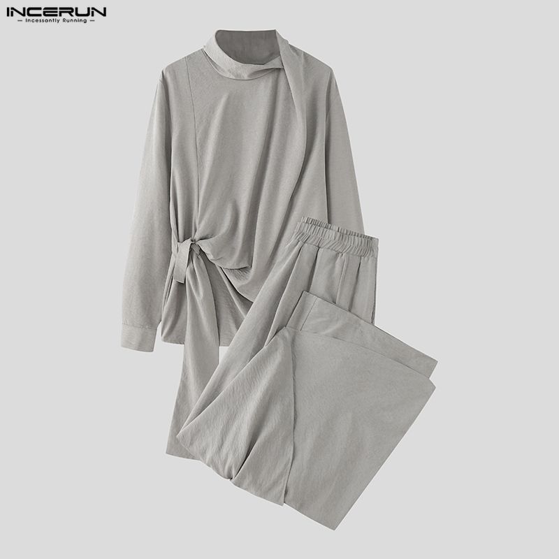 INCERUN 2PCS Men High Neck Long Sleeve Twisted T-shirt Long Ruffled Layers Pants Culottes Sets Outfits