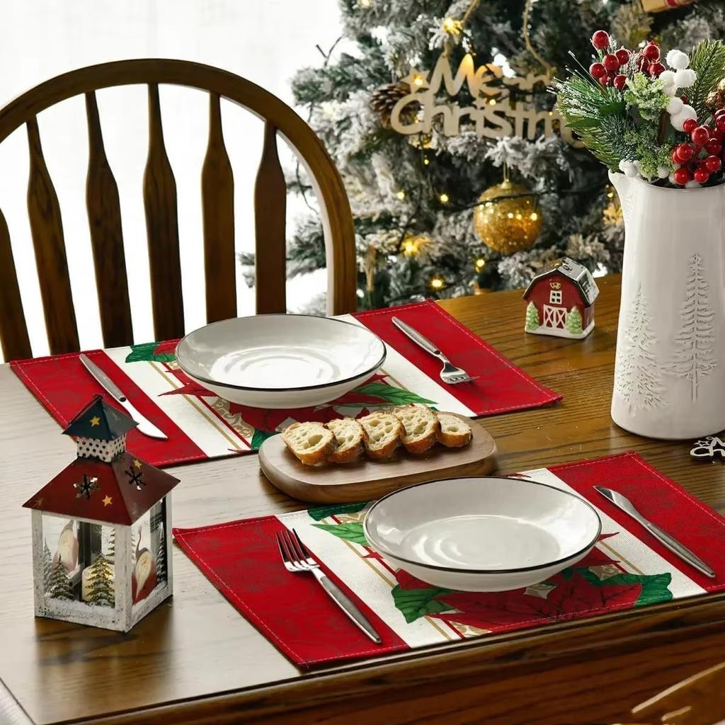 4PCS Christmas Placemats 30x45cm Linen Christmas Trees Snowflake Gnome Print Table Mats 2025 Xmas Table Pads For Home Hotel