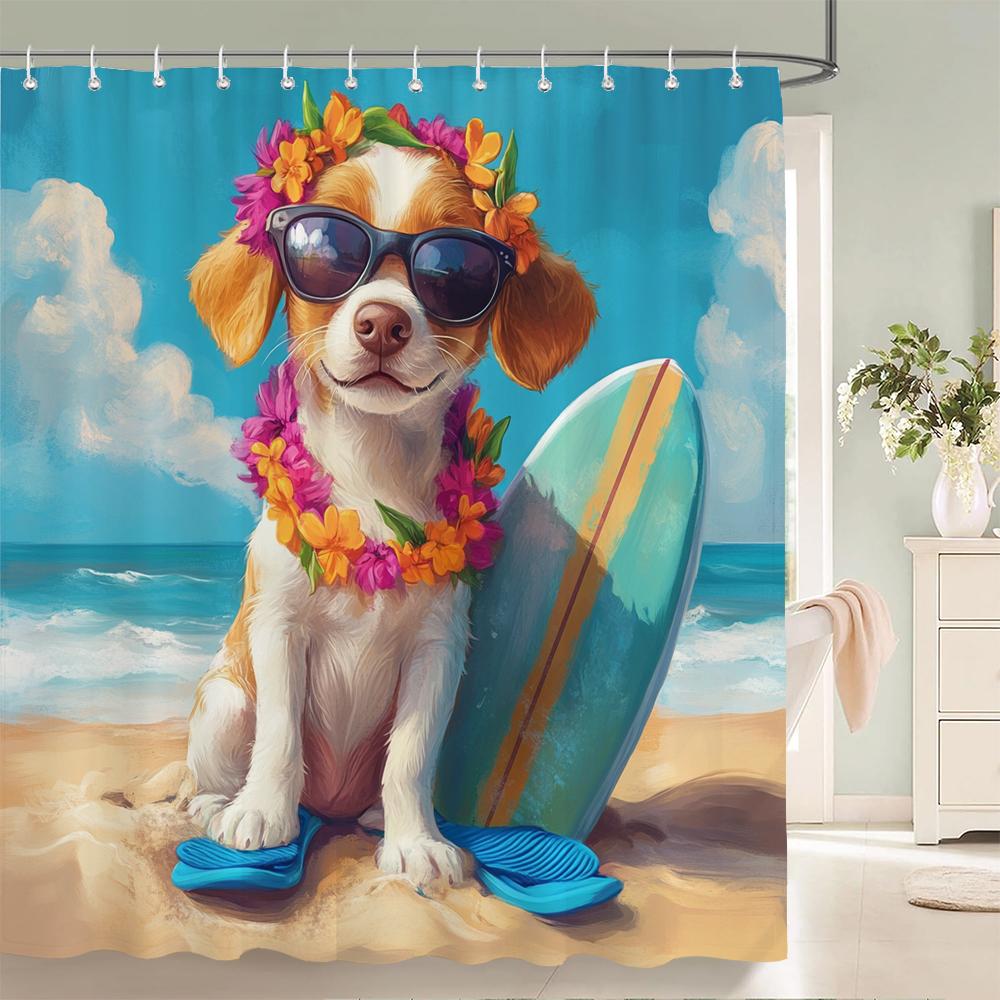 Funny and Creative Beach Cats and Dogs Fabric Shower Curtain Waterproof Polyester Bath Curtains for Bathroom Decorate with Hooks