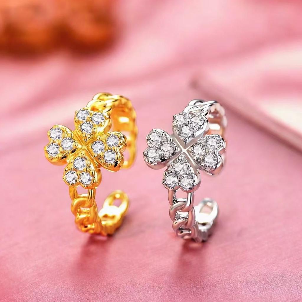 New Arrival Lucky Four-leaf Flower Zircon Ring for Women Flower Fashioneasiest for Matchclassy Sense Open Ring Four-leaf Clover Ring