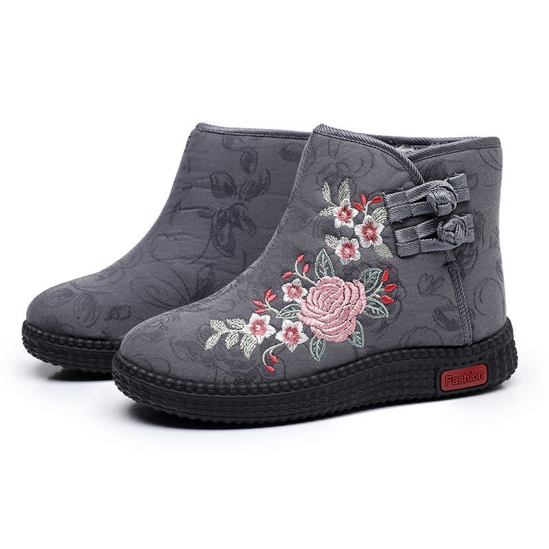 Women Winter Autumn Embroidered Short Boots Warm, Non Slip, Cotton Shoes with Soft Soles for The Elderly - Ethnic Style