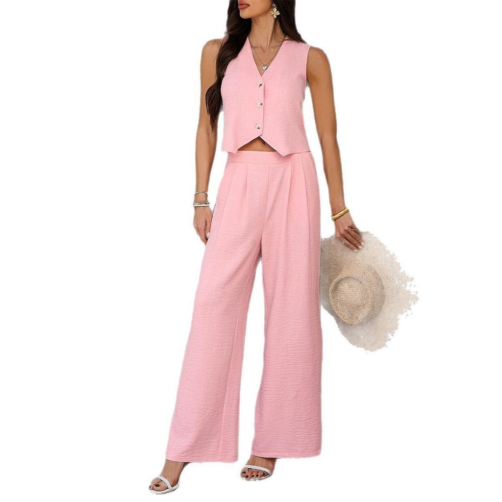 Completo di pantaloni a gamba larga, gilet tinta unita, stile casual da pendolare, primavera ed estate