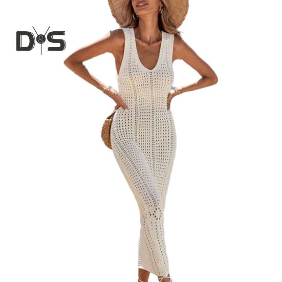 

Женский пляжный сарафан с V-образным вырезом, вязаный крючком, ажурное макси-платье, трикотажное, регулируемые бретели, защита от солнца, пляжная одежда S абрикосовый