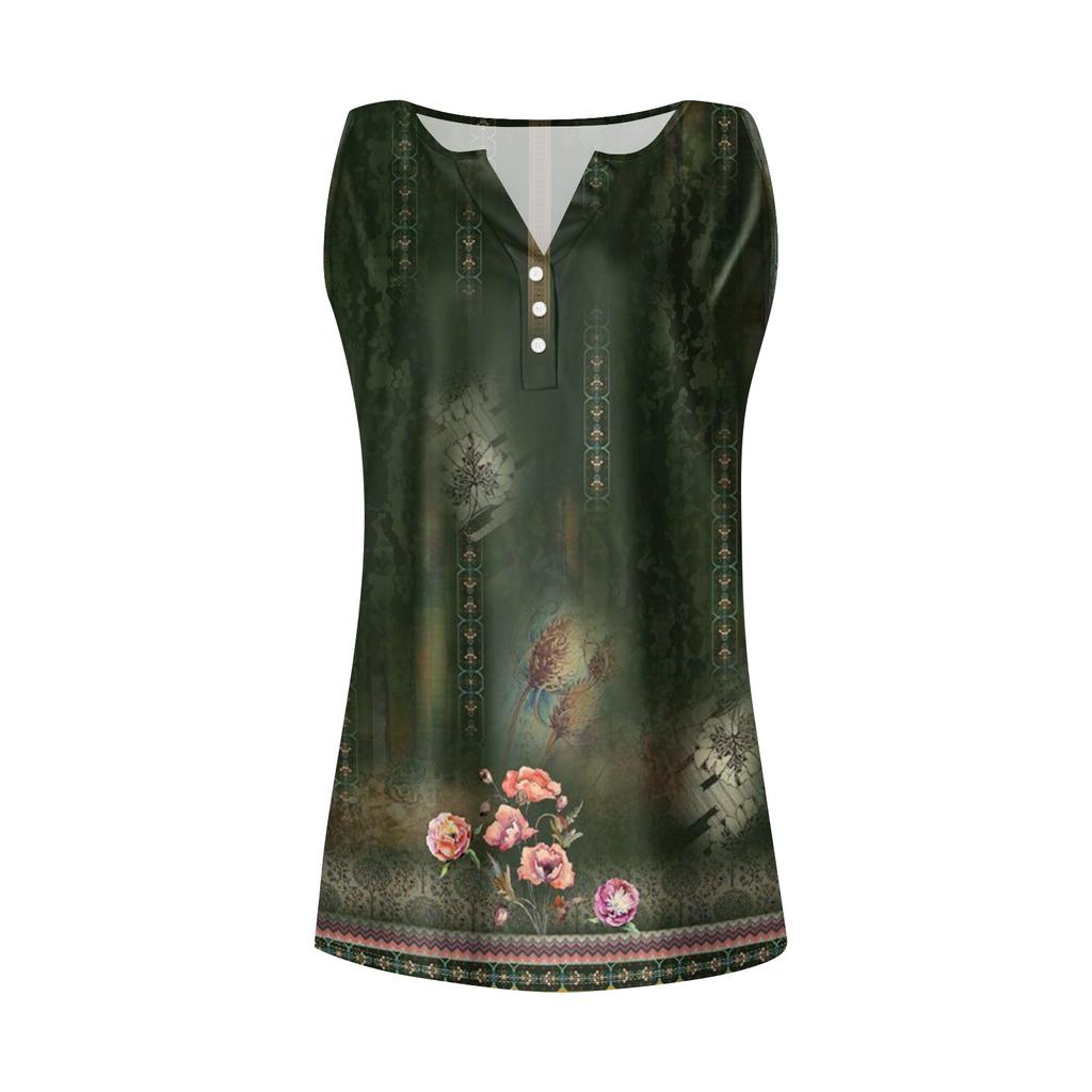 Damen T-Shirt mit Aufdruck, Knopfleiste, ärmellos, für den Alltag, Wochenende, Basic, V-Ausschnitt, normales Oberteil