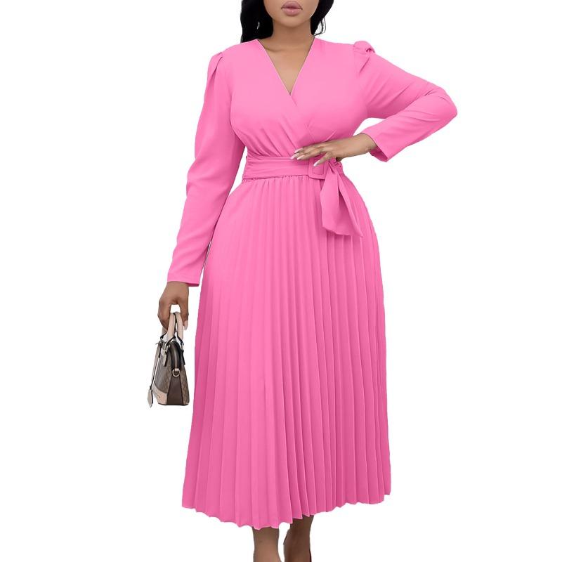 Women's New Long-sleeved Lace-up Solid Color V-neck Slim-fitting Pleated Large-size Dress