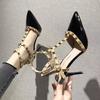 Pure Desire Ceiling Thin Heel 2025 Spring New Pointed One-word Buckle Rivet Patent Leather European and Korean High Heels Bag Head Sandals