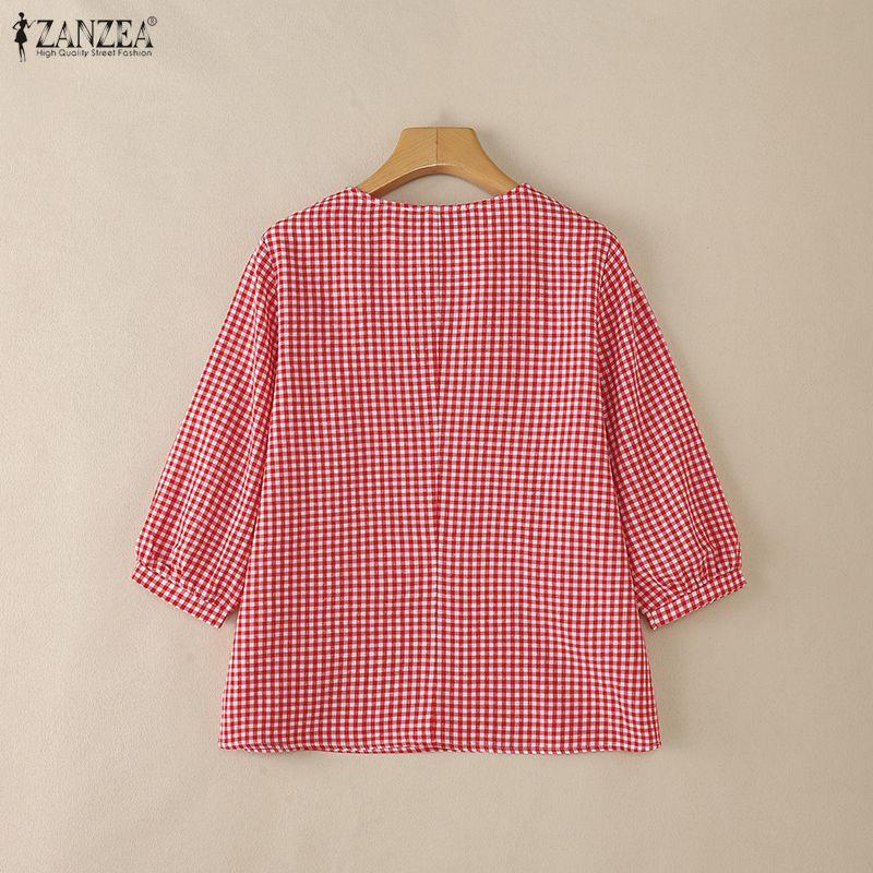 ZANZEA Women Grid Print Casual V-Neck 3/4 Sleeve Blouse