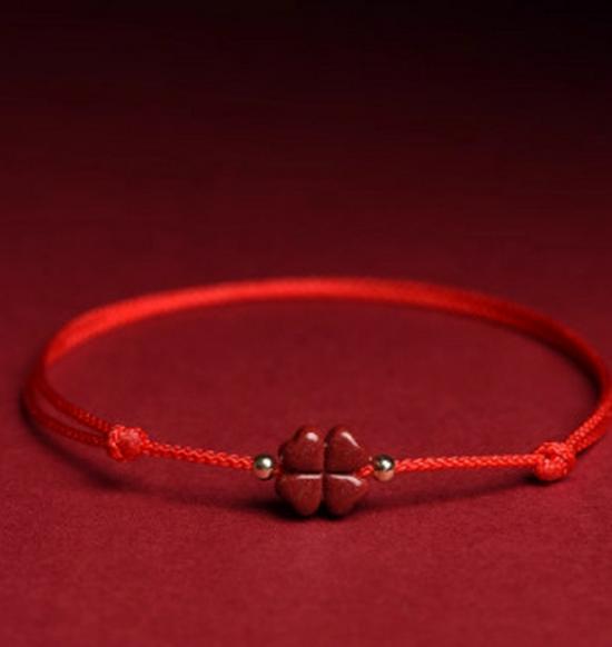 Cinnabar Four-Leaf Clover Red String Bracelet - Handmade Zodiac Charm with Purple Gold Sand, Lucky Woven Bracelet for Women.