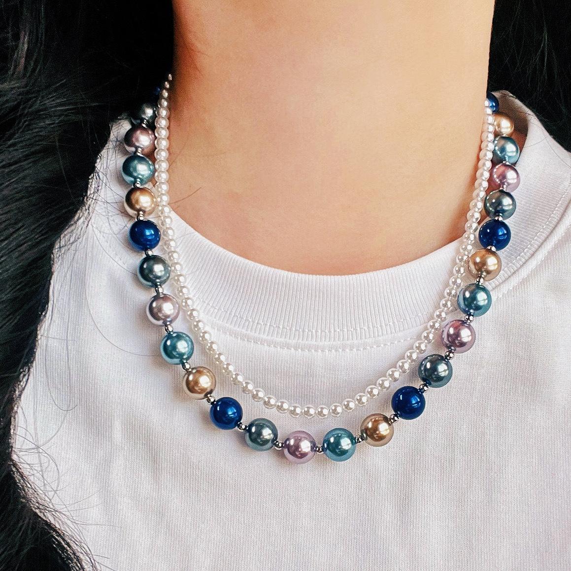 

10Mm Malachite Green Mixed Color Shijia Pearl Double Layer Design Sweater Chain Necklace Collarbone Chain