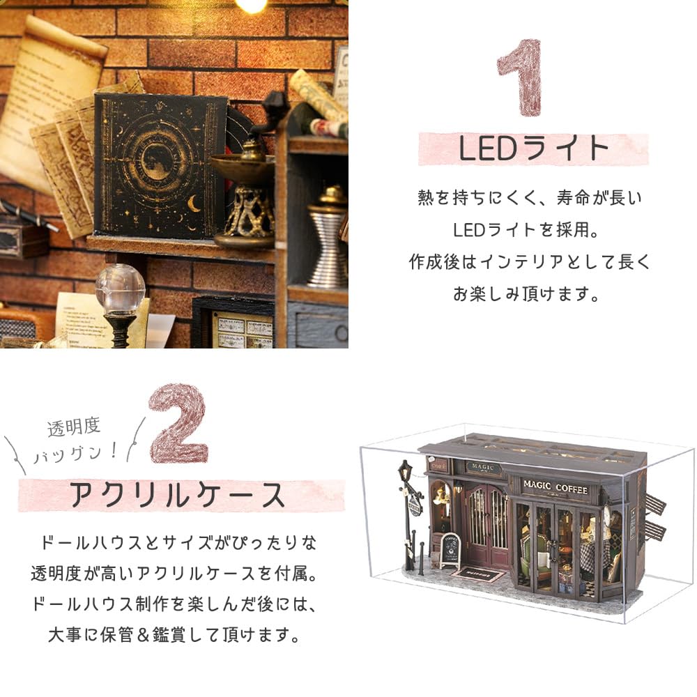 Moin Moin Dollhouse Scale Miniature Handmade Kit Set Front Opens Magic Coffee Cafe Coffee Shop Real Retro Antique LED Light Acrylic Case 2501dh443