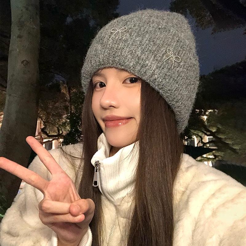 Korean Versatile Thickened Bow Wool Hat Fashionable Casual Big Head Circumference Windproof Warm Hat Autumn and Winter Ear Protection Cold Hat